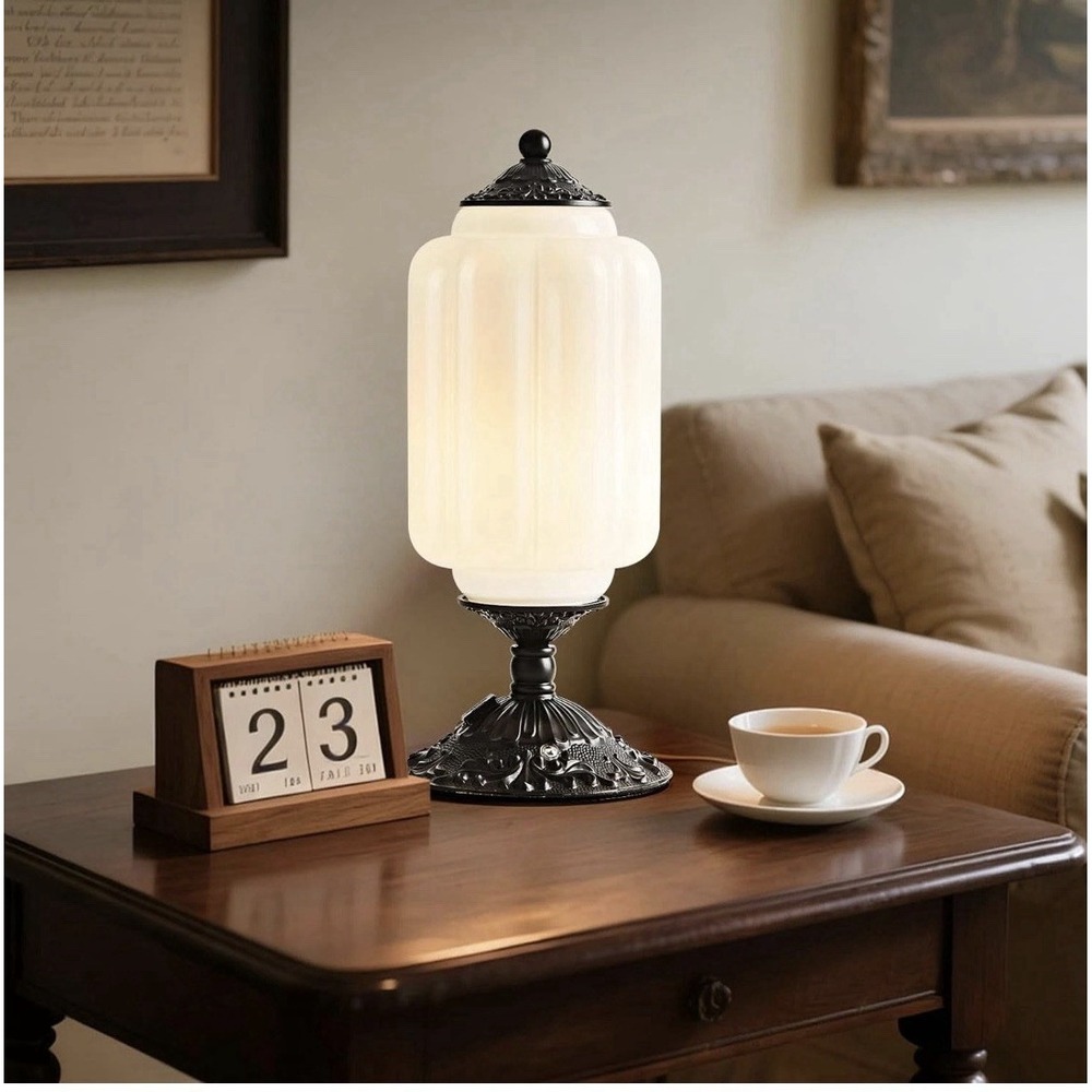 VTG Inspired  Milk Glass Touch Table Lamp with USB Charging & Dimming - White